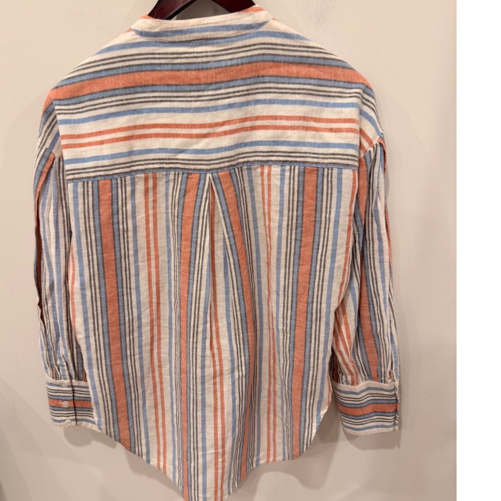 Veronica Beard Jeans Orange Blue Striped Linen Blend Band Collar Shirt XS - Picture 2 of 7